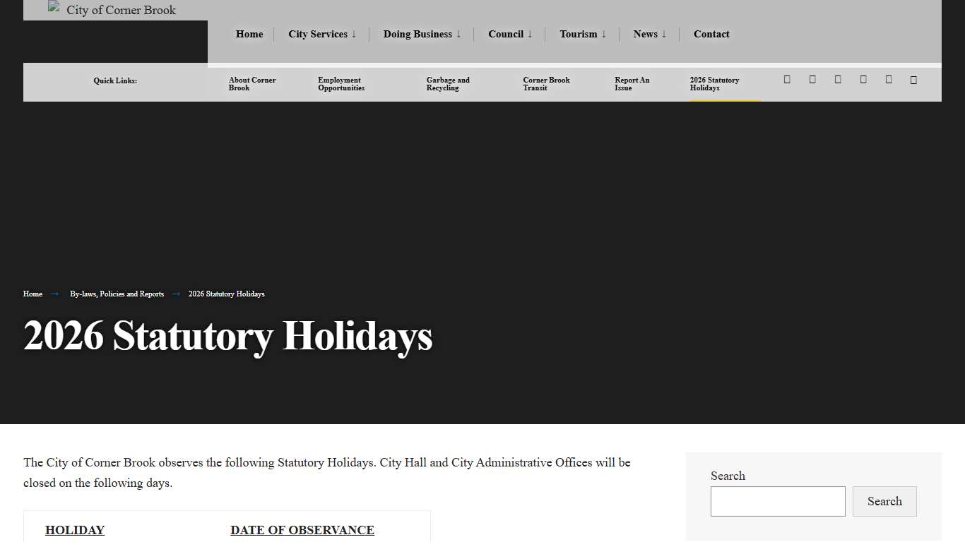 2026 Statutory Holidays - City of Corner Brook